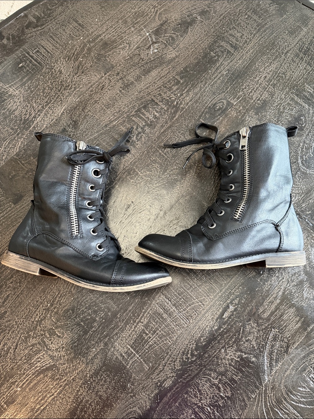 Black Lace-Up Combat Boots with Side Zippers